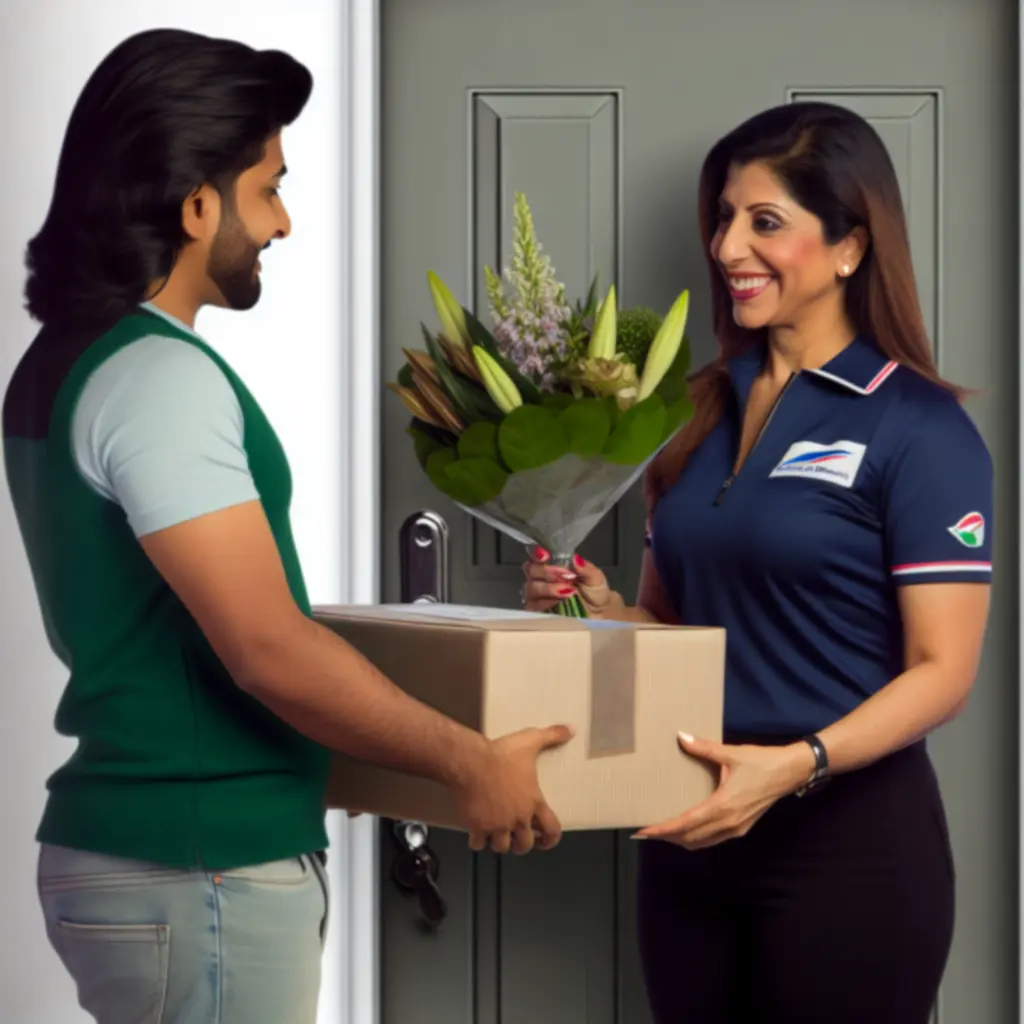 Futár virágdobozzal a kiszállítás során