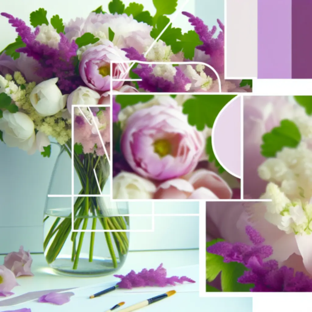 Virágkompozíció több színpalettával, harmonikus és kontrasztos árnyalatokkal.