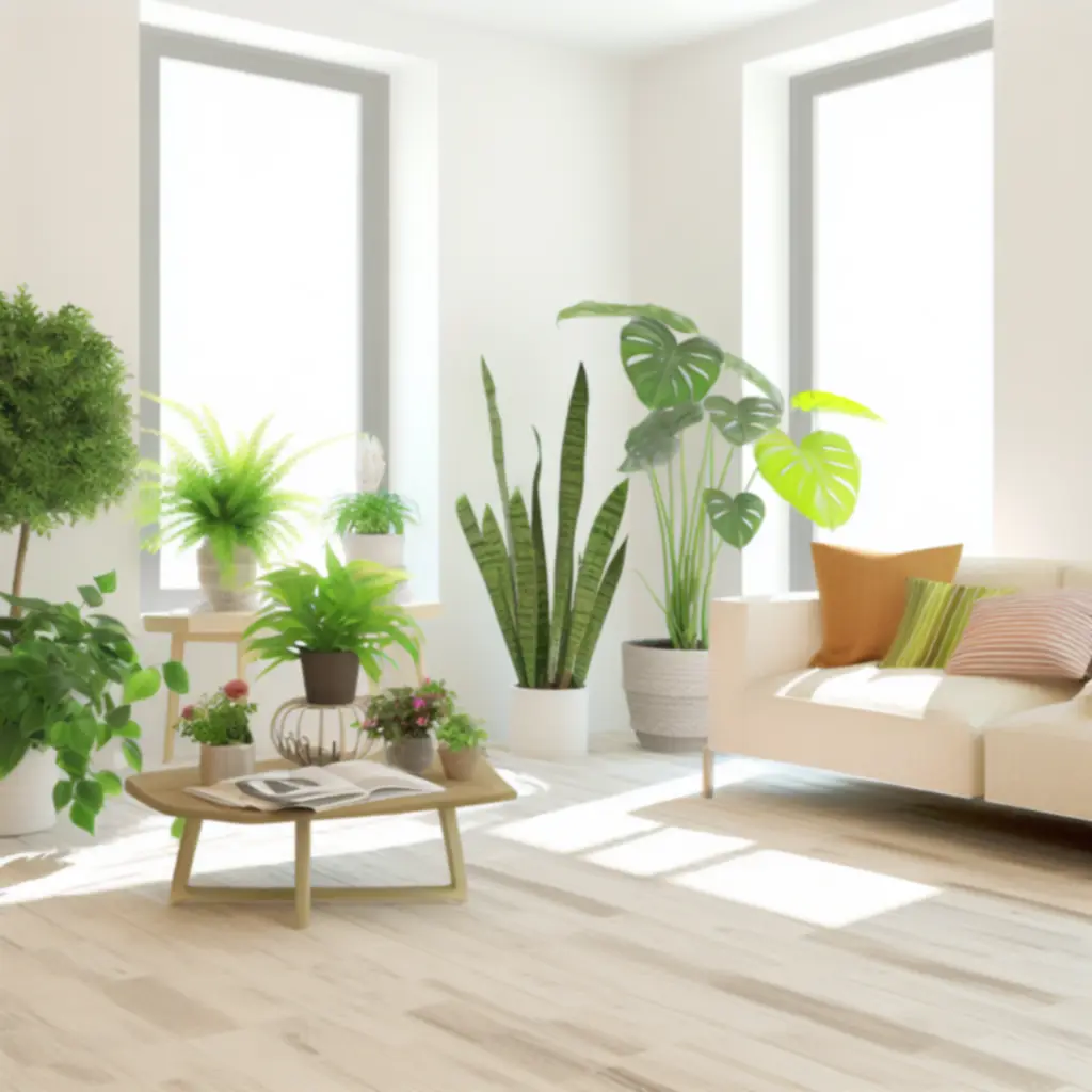 Elegáns nappali belső tér gondosan elhelyezett szobanövényekkel