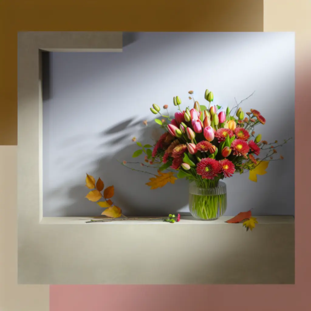 Szezonális virágkompozíció lágy, természetes árnyalatokkal